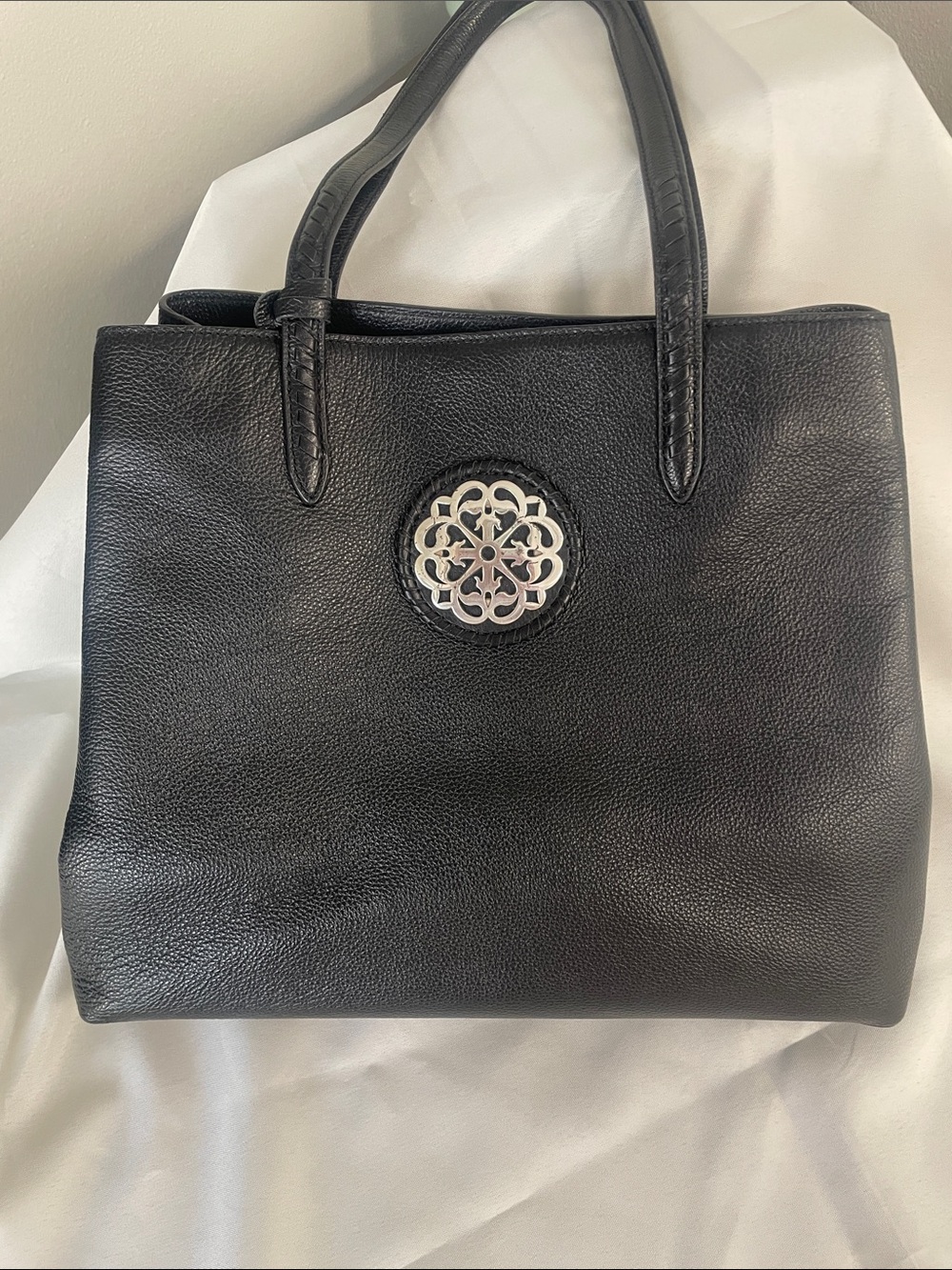Brighton Black Leather Tote with Silver Medallion